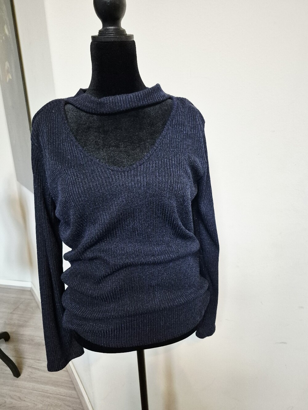 ZENOBIA Women's Metallic Navy Blue Cutout Rib-Knit Sweater Size 2X